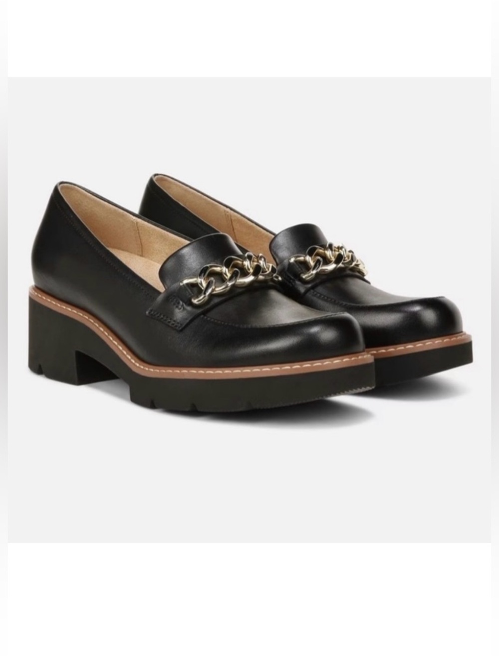 Naturalizer Womens Desi Chain Detail Platform Lug Sole Heeled Loafer SZ 9 black